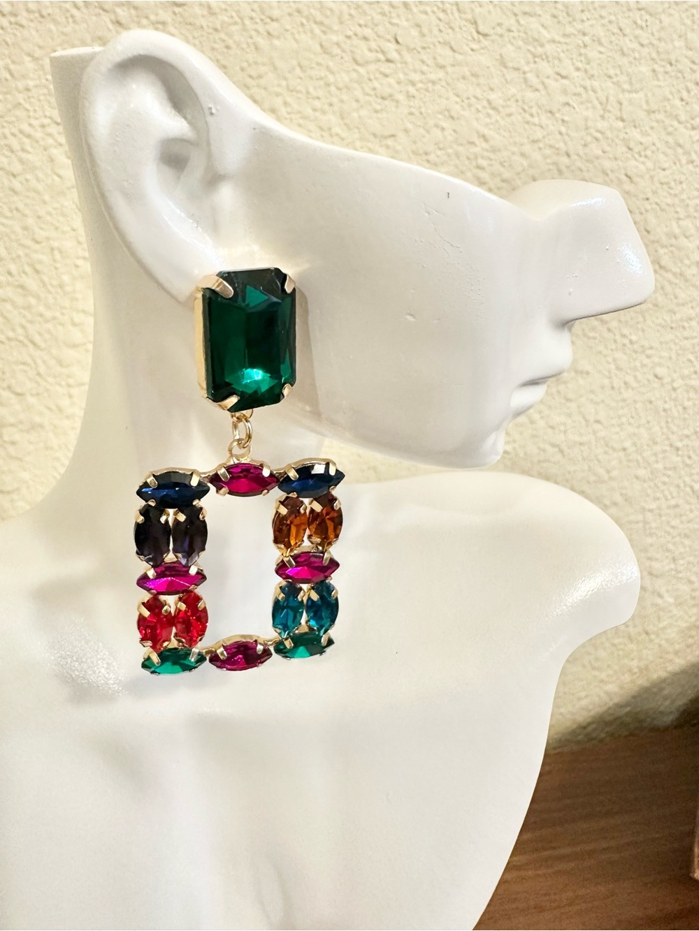 Gold-Tone Multicolor Gem Drop Earrings with Emerald Top